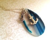 Blue Agate Slice Necklace. Anchor. Mermaid. Natural Glass. Statement Jewelry. Silver Chain. Nautical. Beach. Long Necklace. Boho. Summer.