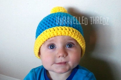 Baby Beanie Character Hat- Aqua Blue and Yellow Pom Pom Baby Boy Hat