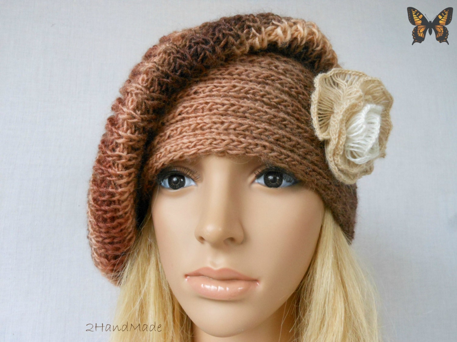 Chunky Knit Hat Rasta Tam Oversized Beret Slouchy Sheep Wool beanie Brown Multicolor Flower Womens Adult Teens