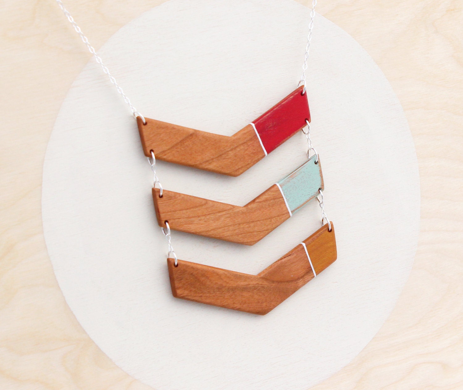 Large Geometric Colorblock Wooden Chevron Necklace - Red, Mint, and Gold