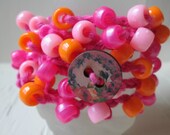 Pink Orange Rose Wrap Bracelet, Button Closure, Crochet Cotton Jewelry