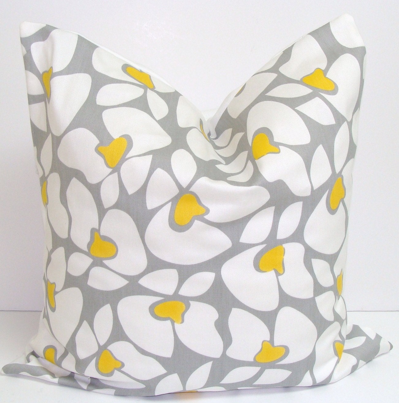 Flower Pillow.Gray Yellow.16x16 inch Decorator Pillow Cover.Printed Fabric Front and Back.Cushion Cover.Nursery Pillow