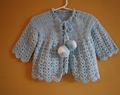 Vintage handknit baby sweater /  baby blue with pompoms / baby 12 months