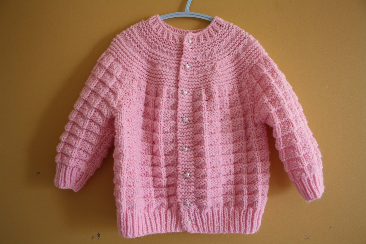 Vintage handknit cardigan sweater / pink sweater, heart shaped buttons / toddler girl size 4 to 6