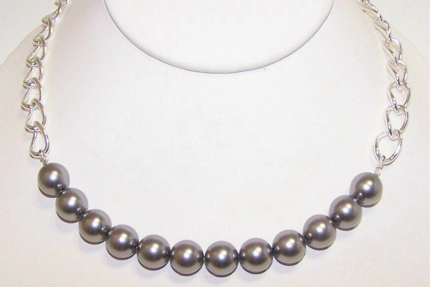 Grey, Pearl, Necklace, Choker, Swarovski, Silver, Twisted, Cable, Chain, MADE TO ORDER, Winter, Ice