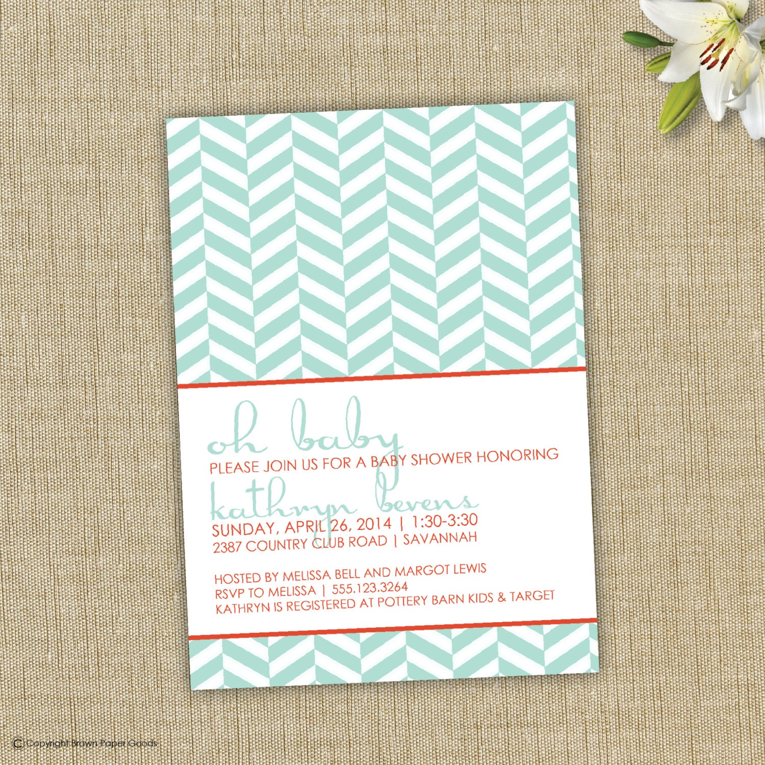 Baby Shower Invitation.Modern baby shower. Mint and Coral invitation. oh baby. herringbone
