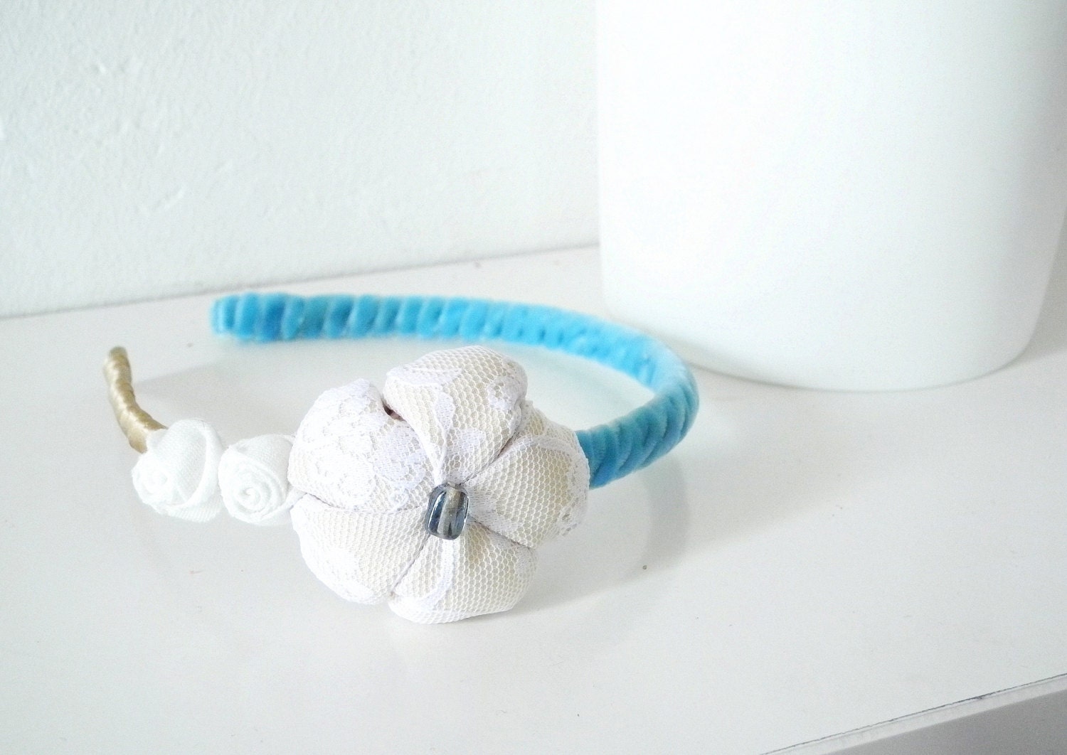 Headband with fabric flower and rosettes Gold and azure Satin and velvet ribbon covered - ready to ship