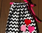 Custom boutique children's clothing. Girls black white chevron Valentine pillowcase dress. Hot pink red heart applique. By EverythingSorella