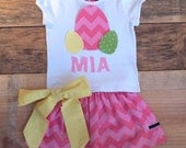 Girls Easter outfit. Twirly skirt & shirt set. Pink chevron. Yellow green polka dot. Custom boutique childrens clothing by EverythingSorella