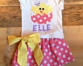 Girls Easter outfit. Twirly skirt & shirt set. Pink, yellow, lavender polka dot chick name. Custom childrens clothing by EverythingSorella