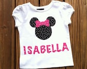 Girls Minnie Mouse shirt. Pink black white pin dot applique & personalization. Custom boutique children's clothing. By EverythingSorella