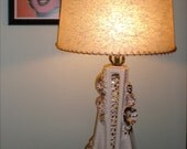 Mid Century Elegance: White and Gold Ceramic Lamp With Fiberglass Shade