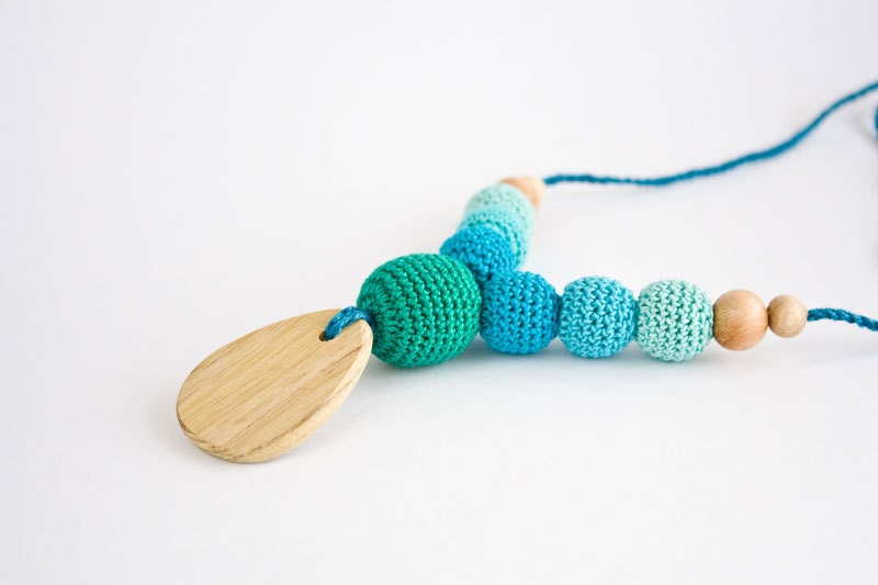 Teething / Nursing Necklace for Mom to Wear - Emerald, Aqua, Ombre, Wood Pendant - Wood Teether, Breastfeeding, Babywearing, Mother's Day