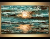 Landscape Painting Original Abstract Contemporary Modern Palette Knife Teal Sunset by Osnat  40"x24"