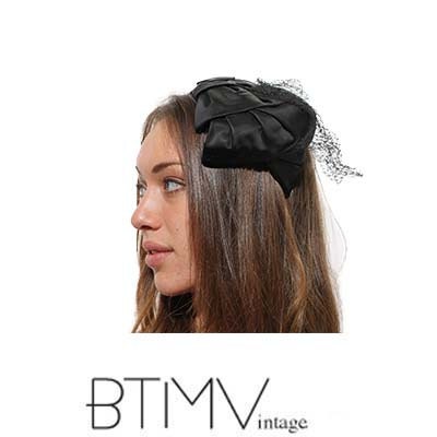 40s BLACK SILK tiered bow veil net sheer half asymmetrical fascinator cap hat topper headband formal