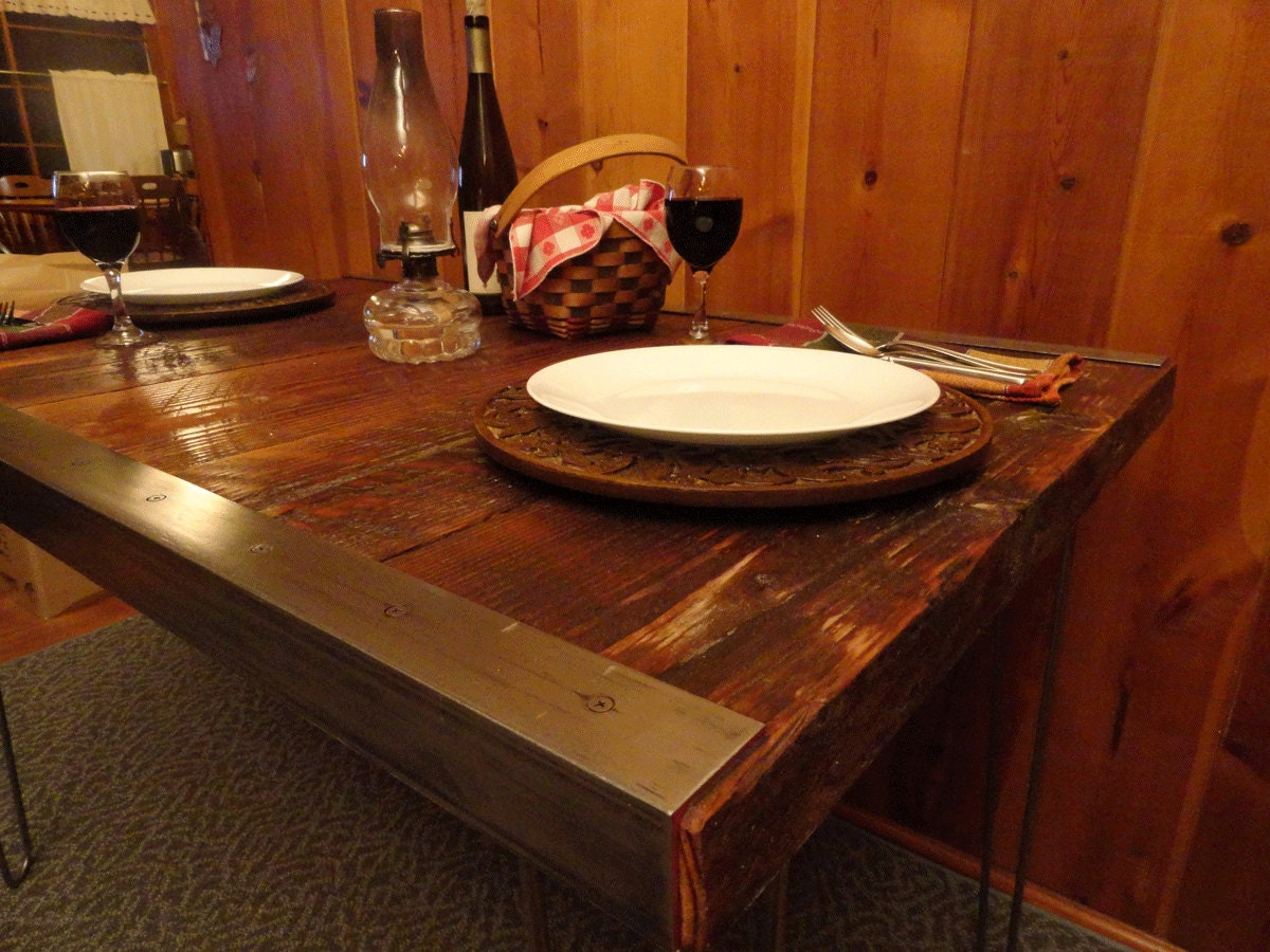 42 x 42 Industrial Dining Table with raw steel trim and hairpin legs