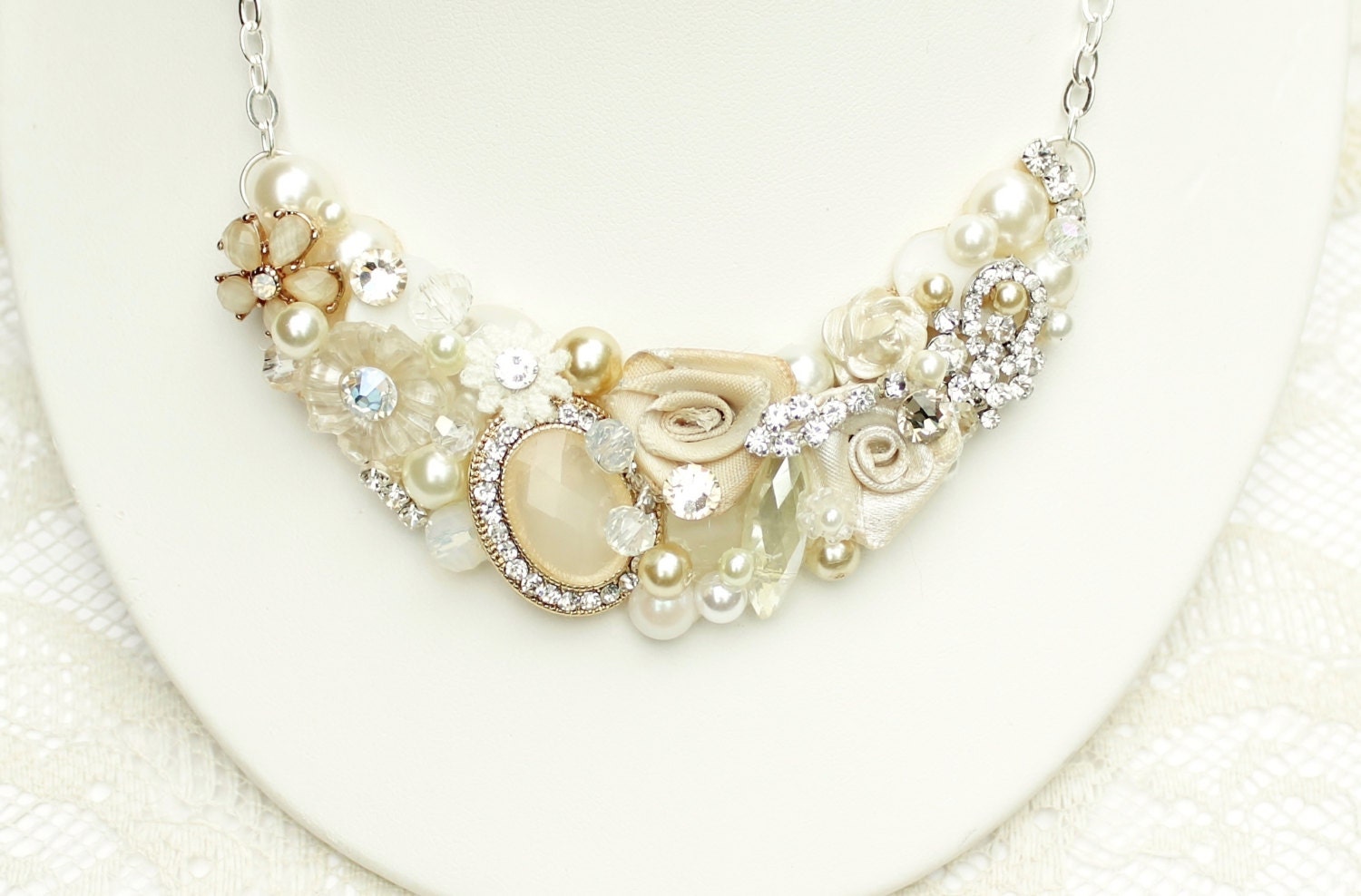 Bridal Bib Necklace-Cream- Wedding Statement Necklace- Rosette, Pearls,& Rhinestones- Floral Bib- Pearl Jewelry- Vintage Wedding
