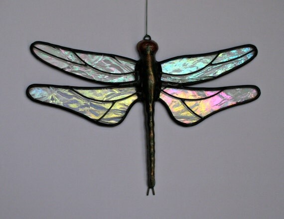 Stained Glass DRAGONFLY Suncatcher Clear by stainedglasswhimsy