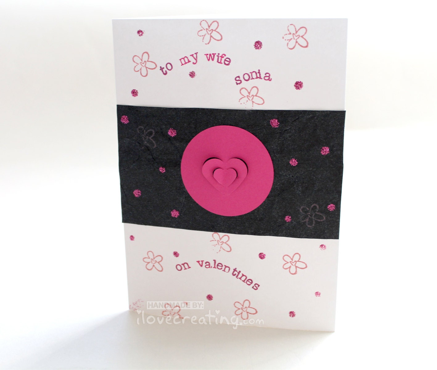 Personalized VALENTINE Greeting Card  Handmade White Black Pink with die cut heart