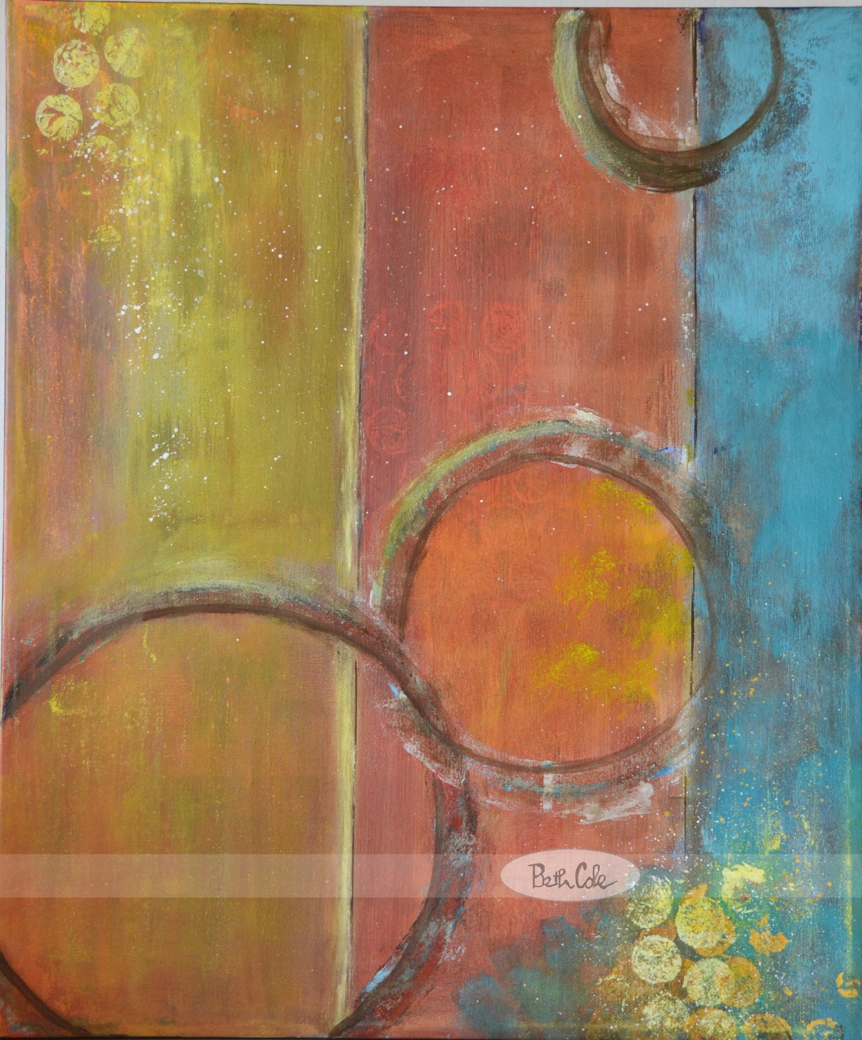 Abstract Earthy Painting - Earth and Sky II - Teal Blue, Yellow, Rust - 20 x 24