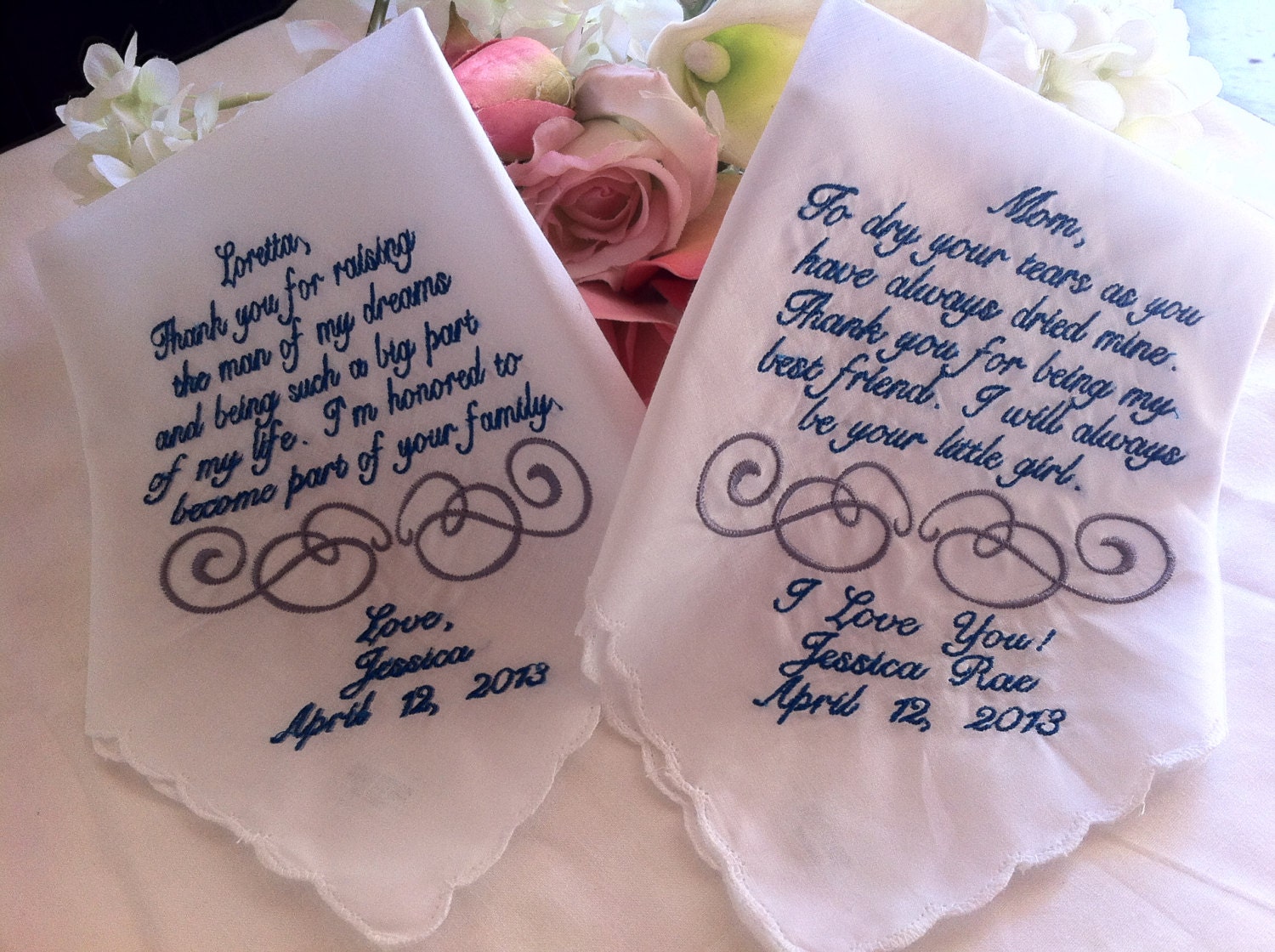2 Customized wedding handkerchiefs mother of the bride ,mother of the groom
