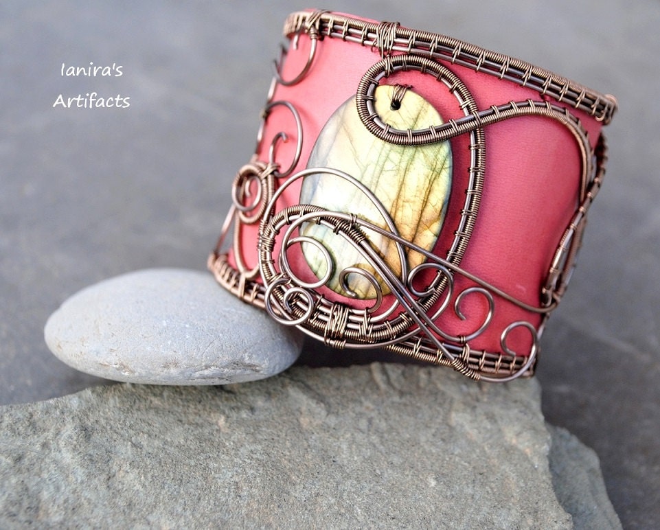 Leather wire wrapped labradorite cuff - OOAK