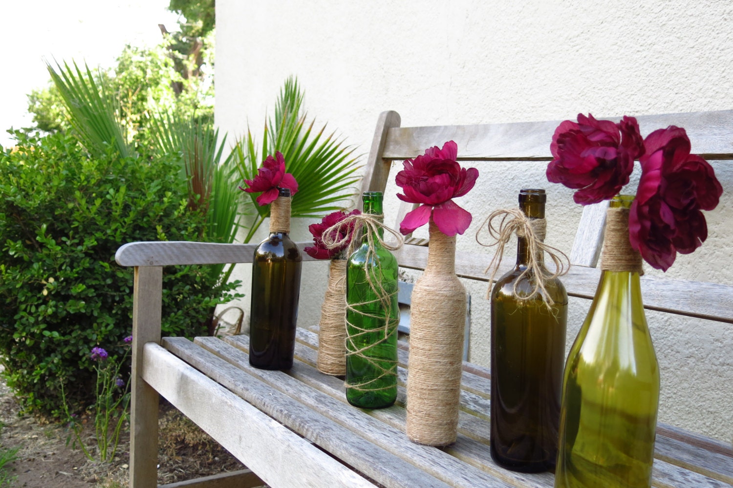 Upcycled wine bottle vases. Home decor party decorations centerpiece. Twine