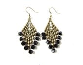 Black Chandelier Earrings, Geometric, Opaque Glass, Gift For Her
