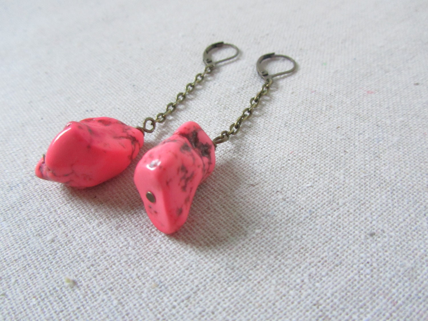 Neon Earrings, Dangle, Pink Magnesite Nuggets, Bold Modern