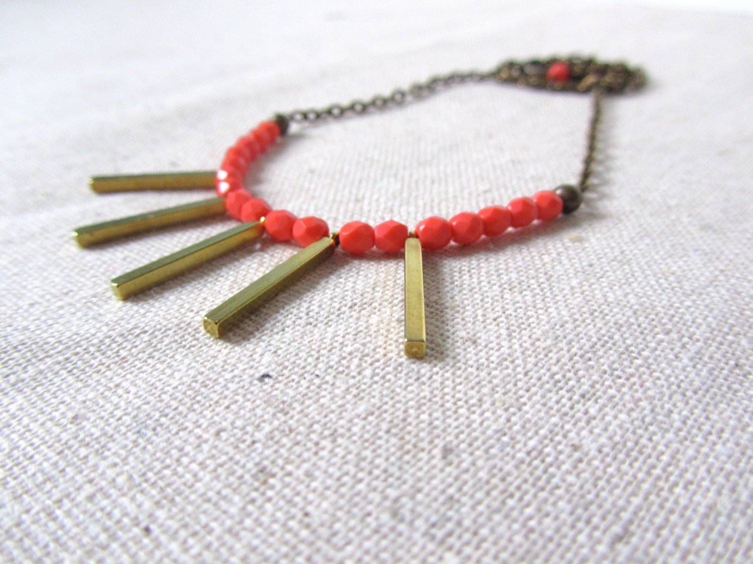 Coral & Brass Necklace, Minimalist, Modern Statement Necklace, Geometric