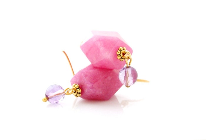 Pink Geometric Earrings With Jades and Faceted Amethyst