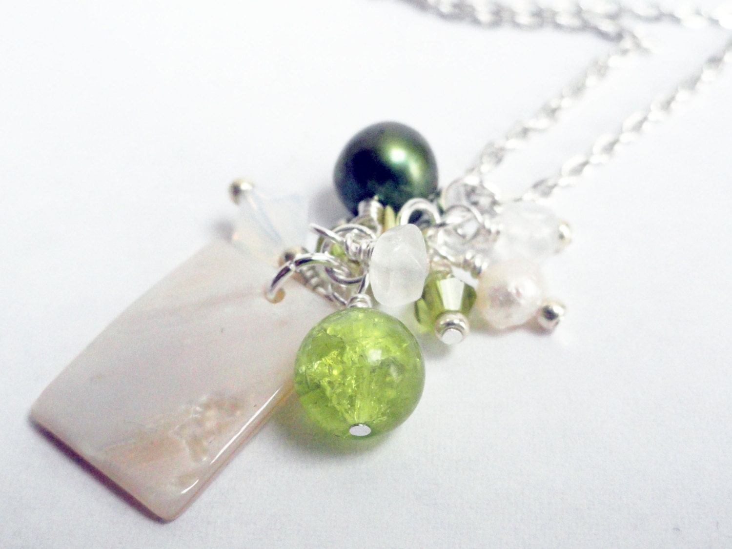 Peridot pendant - crystal cluster - cluster necklace - green necklace - green pearl necklace - square pendant - Lime green cluster