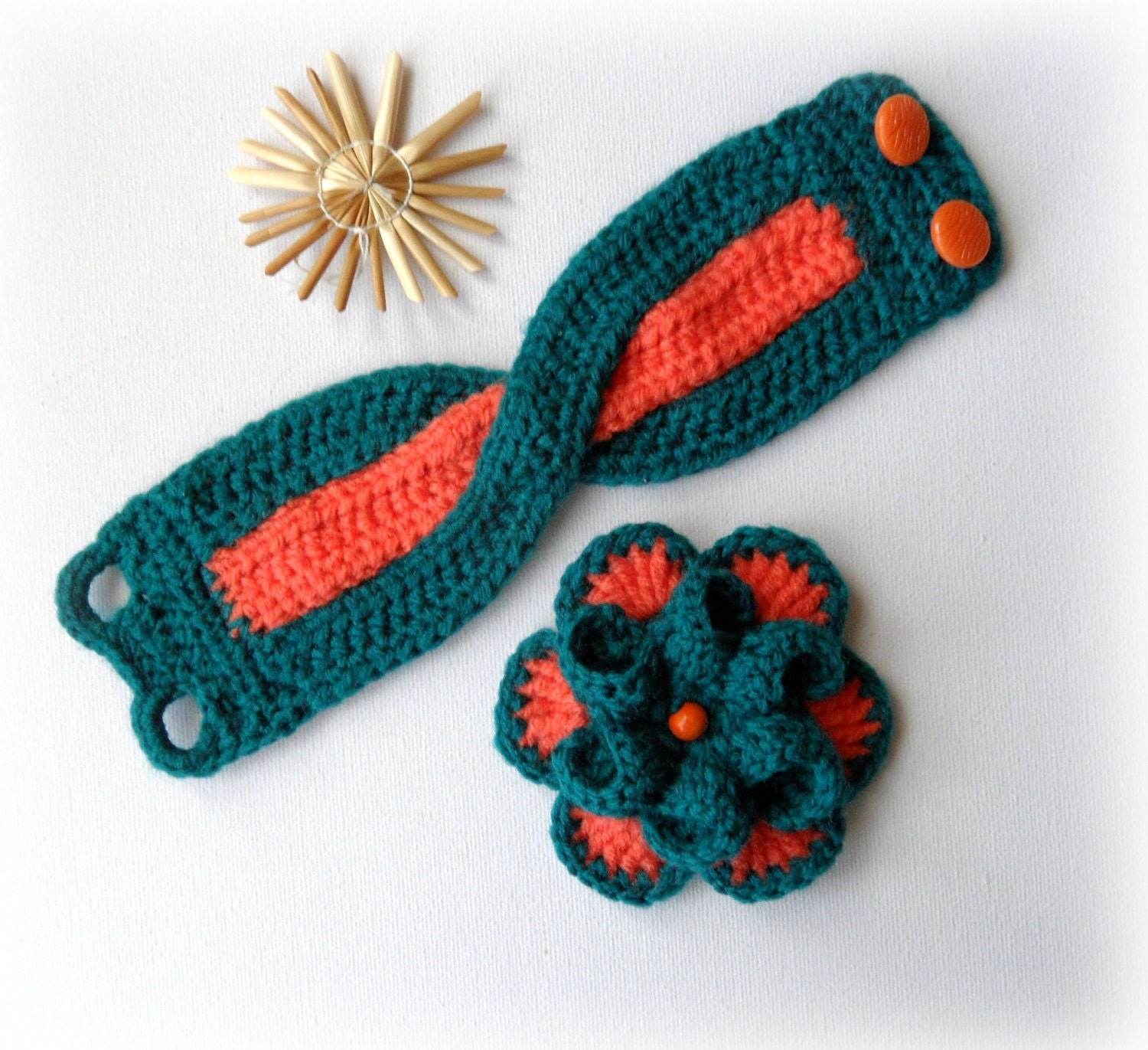 Crochet Bracelet Cuff - Wrist Cuff - Detachable Brooch - Handmade Fashion Jewellery