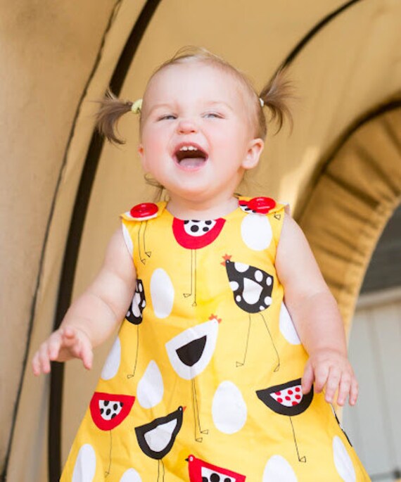 Farm Country - Children Clothing - Spring Dress - Newborn Dress - Farm Hens - School Trip - Yellow - Girls Clothing Pattern  - 3M to 4T