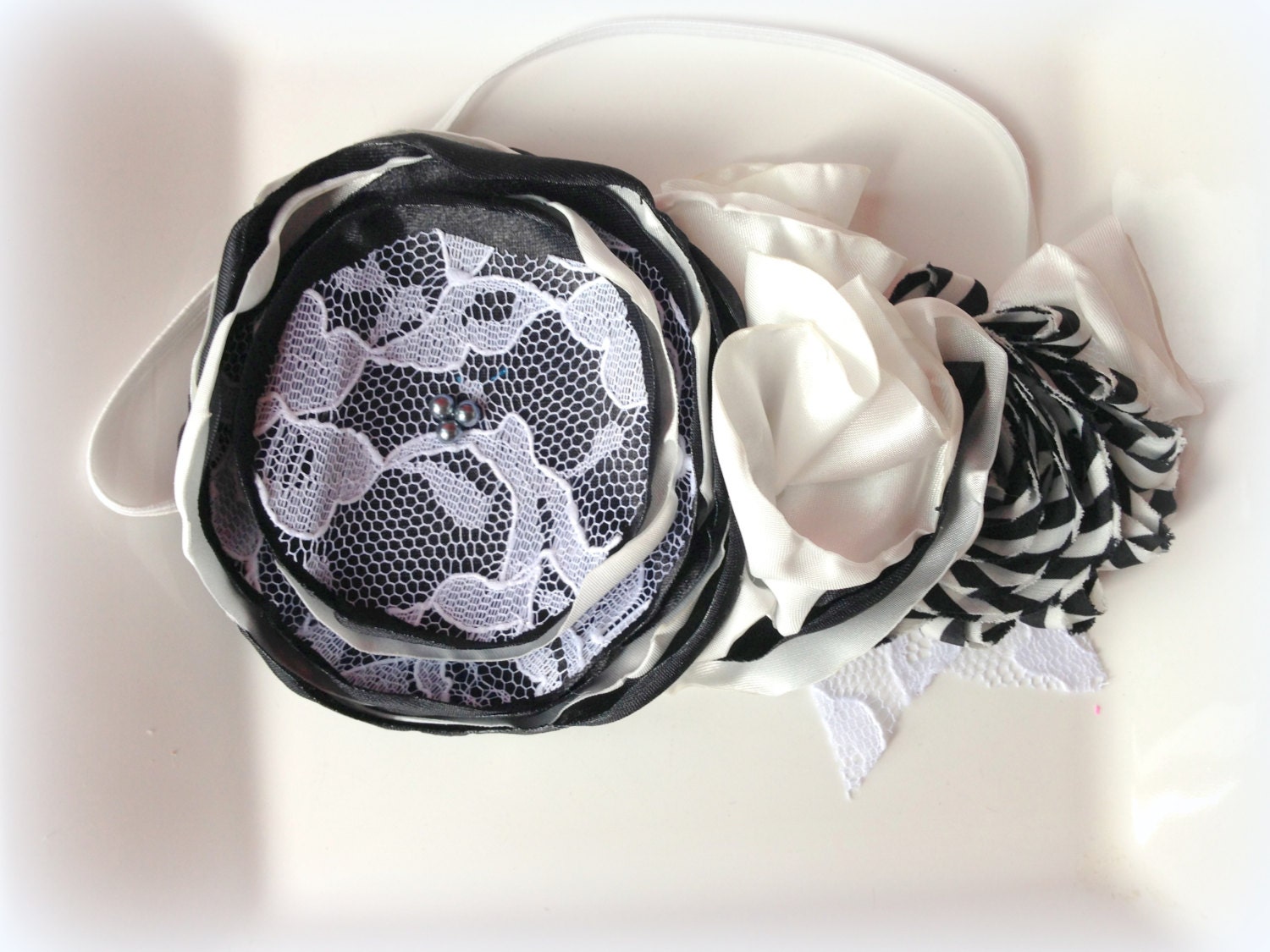 Baby Headbands, Black and White Flower Headband, Satin Headbands, Shabby Chic, Infant Girl Headbands, Baby Girl Hair Accessories