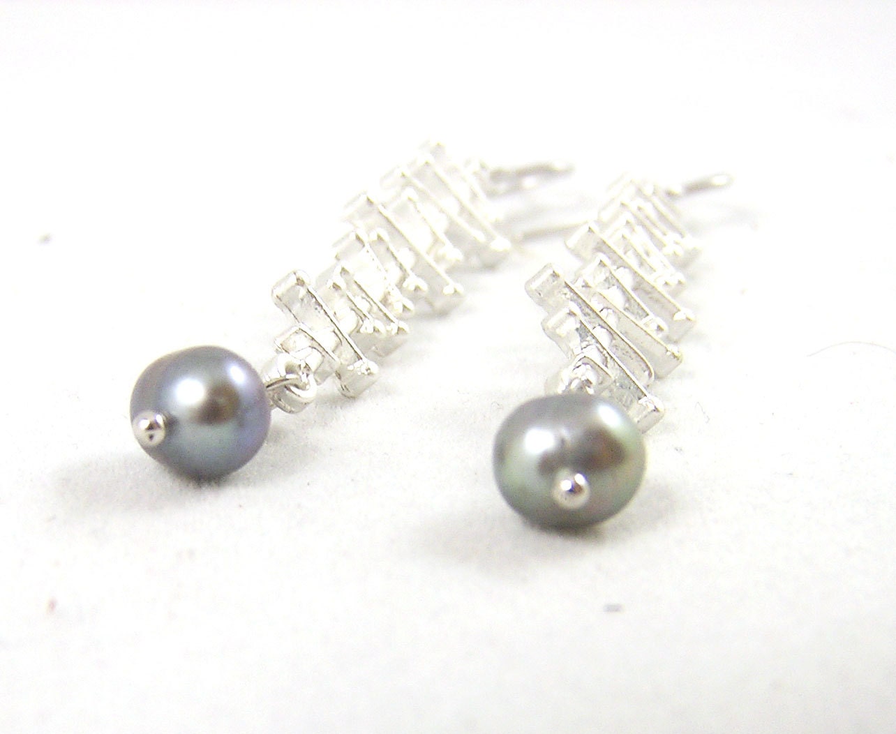 Ball and Stick Modernist Earrings with Iridescent Freshwater Pearls