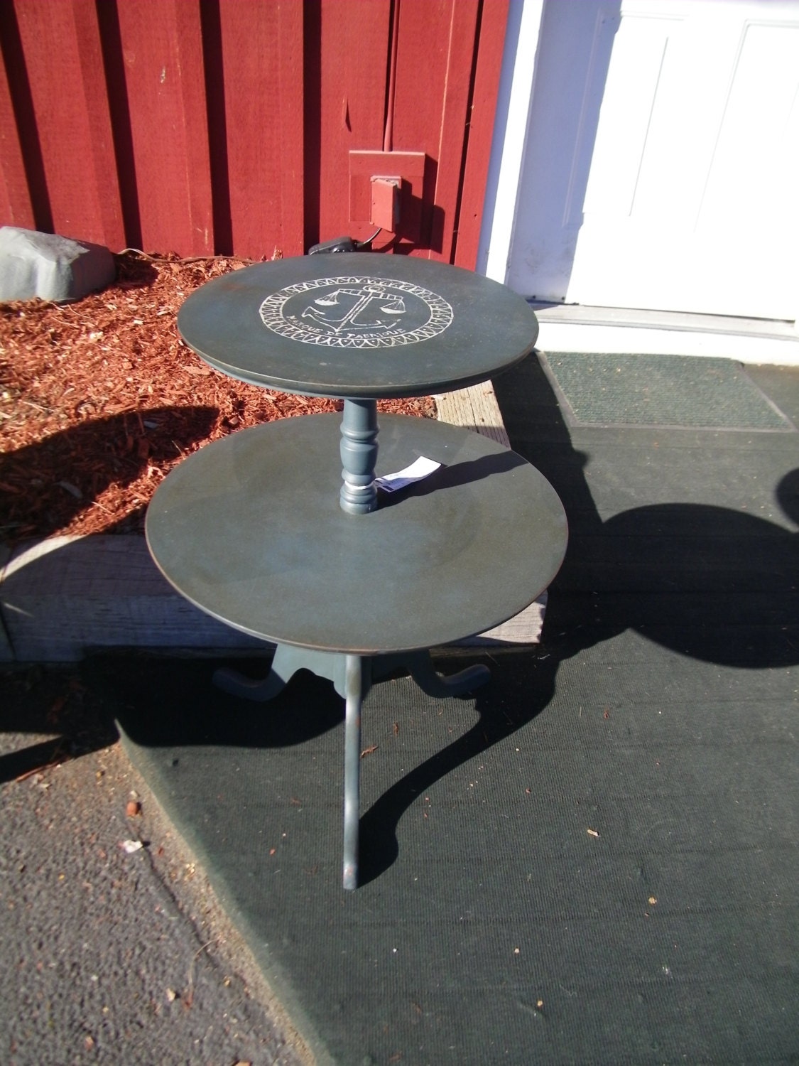 Distressed Dark Blue Two Tier Table with Nautical Anchor