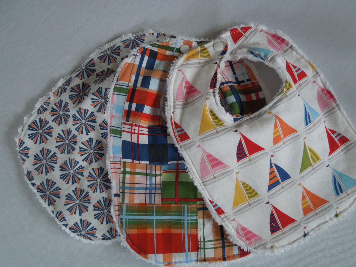 Baby Boy Bibs - Set of 3 - Madras, Sailboats and Sea Urchins