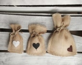 Set of 12- Small (3"x6") Burlap Fringe Heart Favor Bags w/ Jute Twine- Country/Folk/Americana/Rustic/Weddings/Party