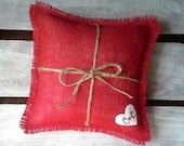 8" x 8" Red Burlap Ring Bearer Pillow w/ Jute Twine and Wool Felt Heart-Personalize w/ Initials- Rustic/Country/Shabby Chic/Folk/Wedding