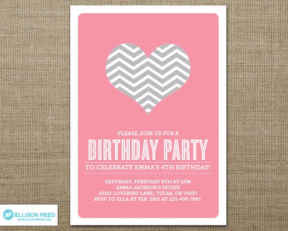 Heart Birthday Invitation - Heart Invitation - Cheveron - Heart Printable - Pink - Gray - Girl Birthday Invitation - Printable Party Il_570xn