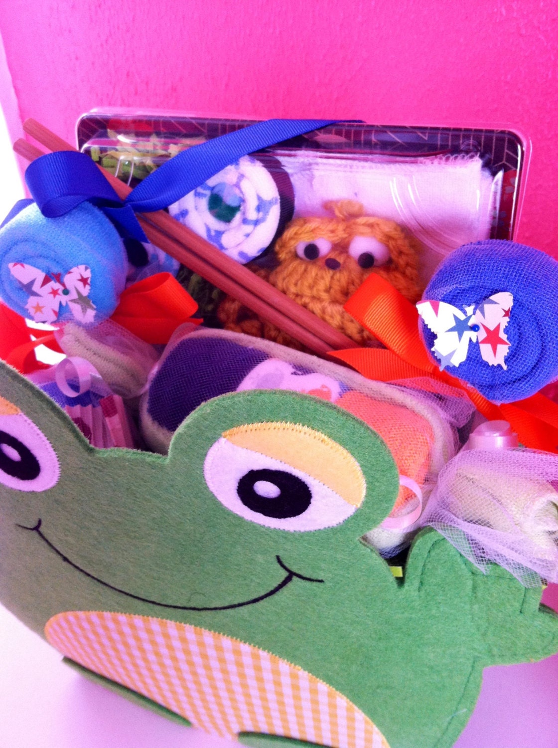 Buy unique gift baskets - Baby Boy Baby Frog Shower Gift Basket, Sushi Gift Set Baby Peapod Washcloth Lollipop Cupcake- Unique Baby Gift