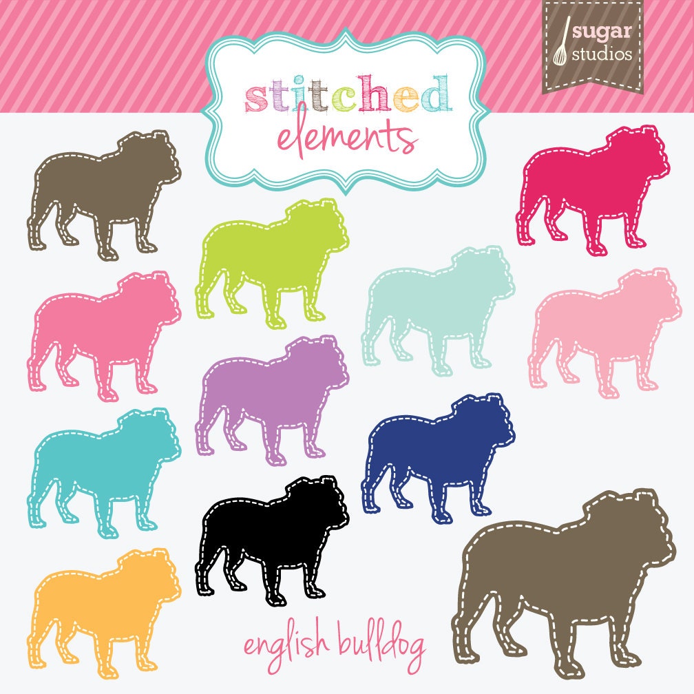 Stitched English Bulldog Digital Clipart - 12 Pieces for Personal & Commercial Use