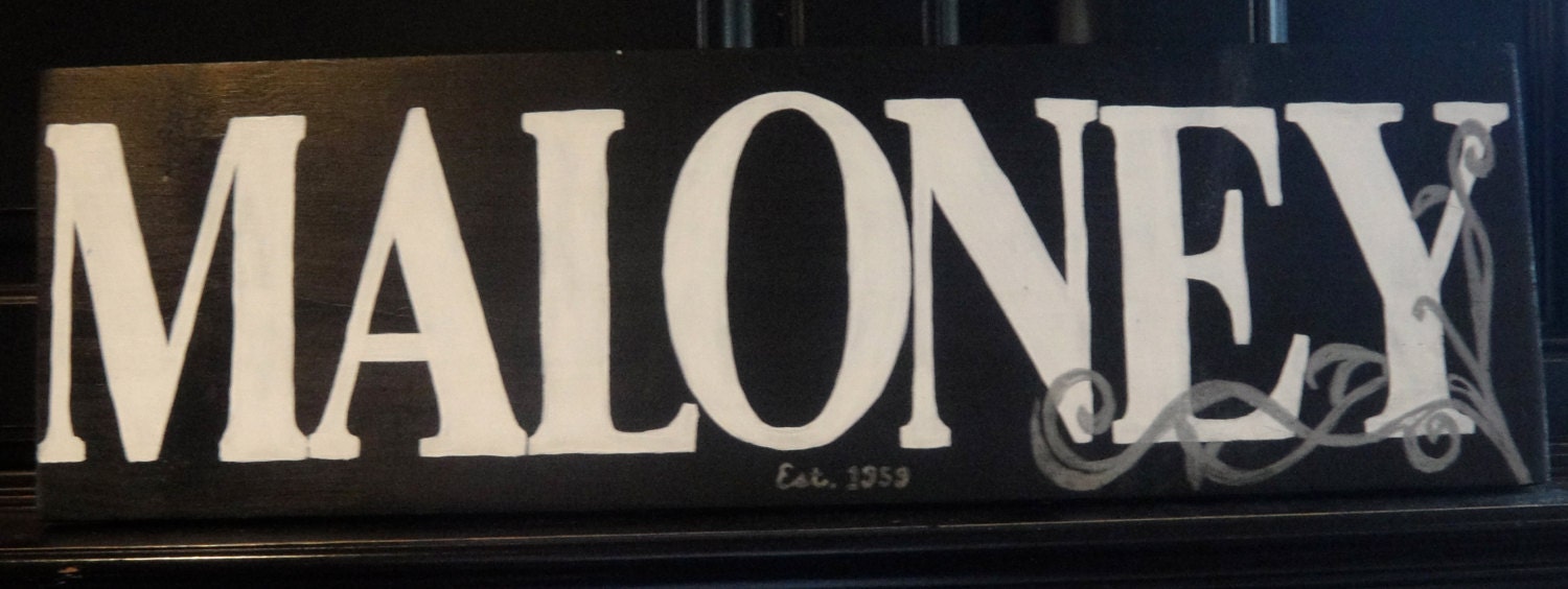 Custom Order Handpainted Sign Family Name Black and White Silver Swirls Established Date