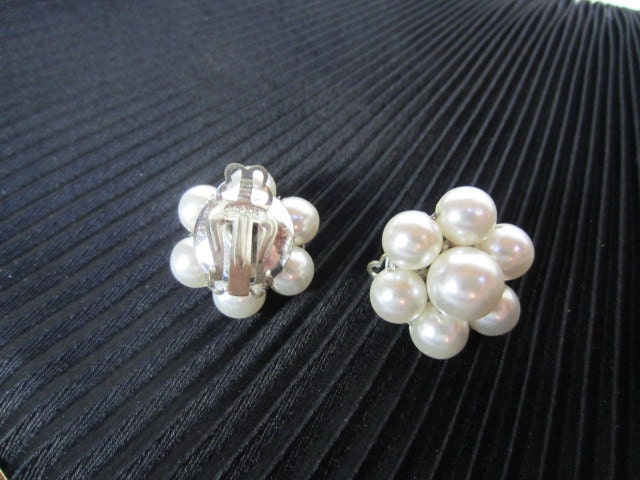 Vintage White Pearl Beaded Cluster  Clip Earrings
