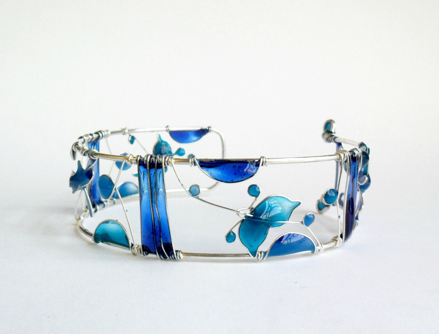 Blue sea bracelet, resin cuff, wire, dragonfly, butterfly, summer jewelry, unique jewelry
