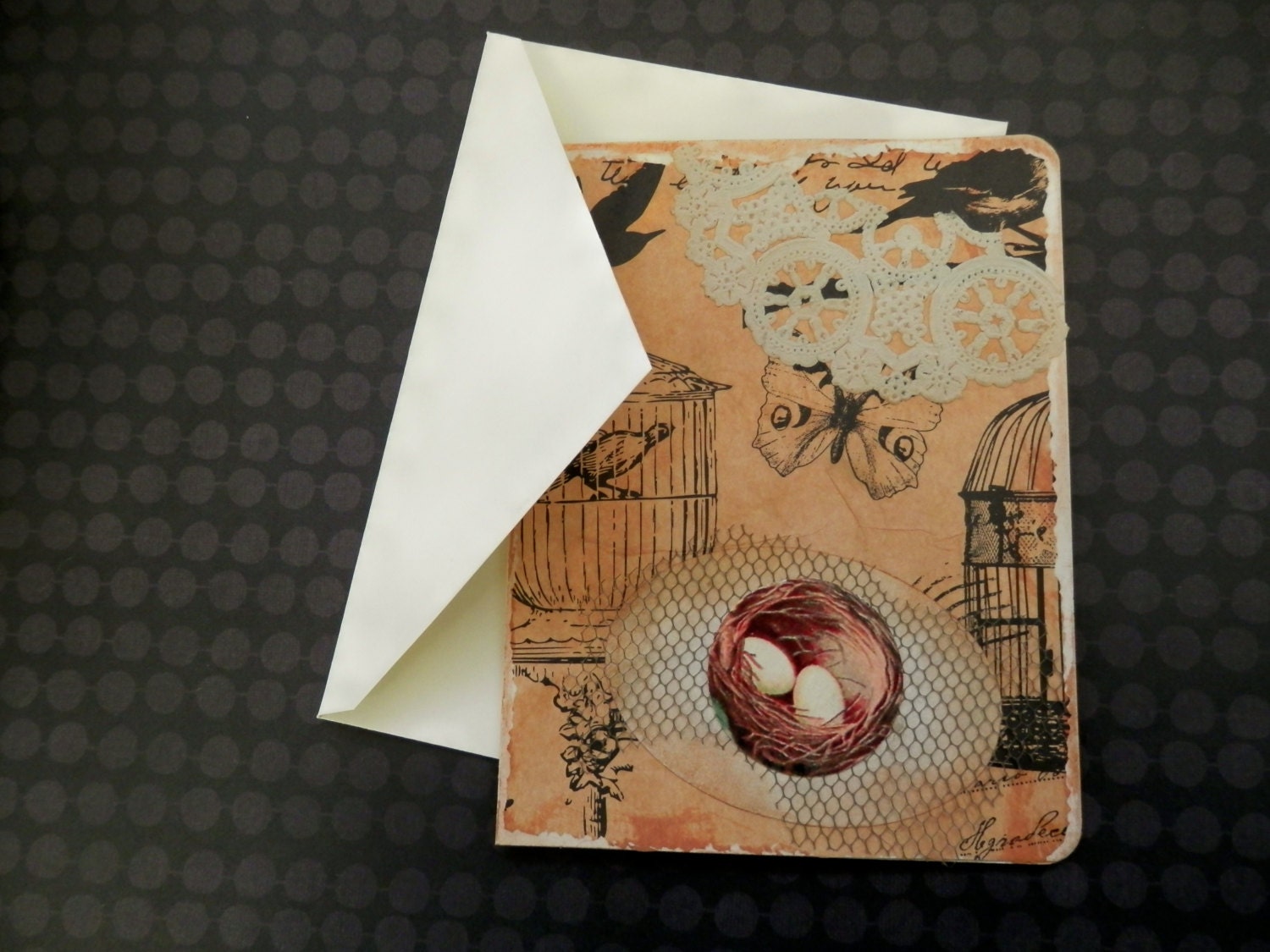 OOAK Art Collage and Ink Card with Bird's Nest and Tulle