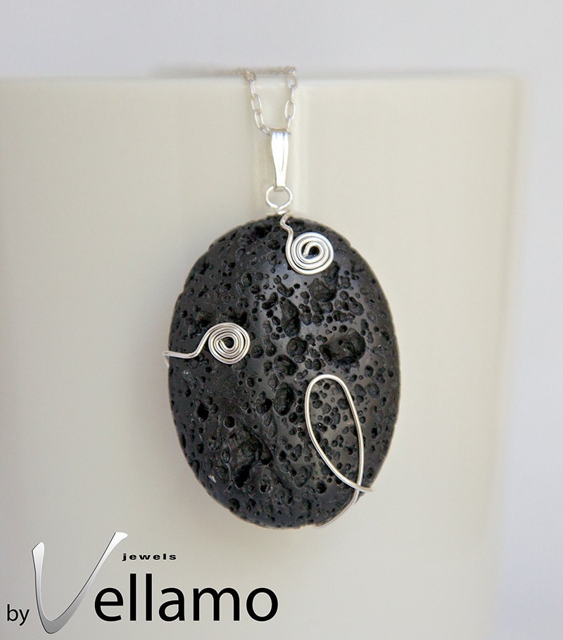 Beautiful black volcano lava pendant with sterling silver wire shapes, 45mm