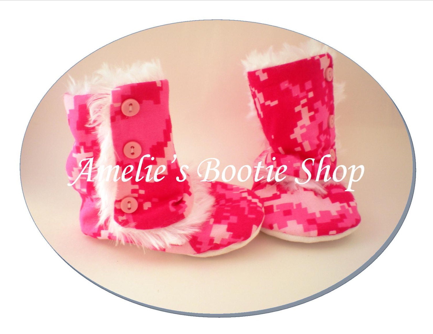 Pink Digital Camouflage Winter Infant Boots Lined with White Faux Fur, Pink Camo