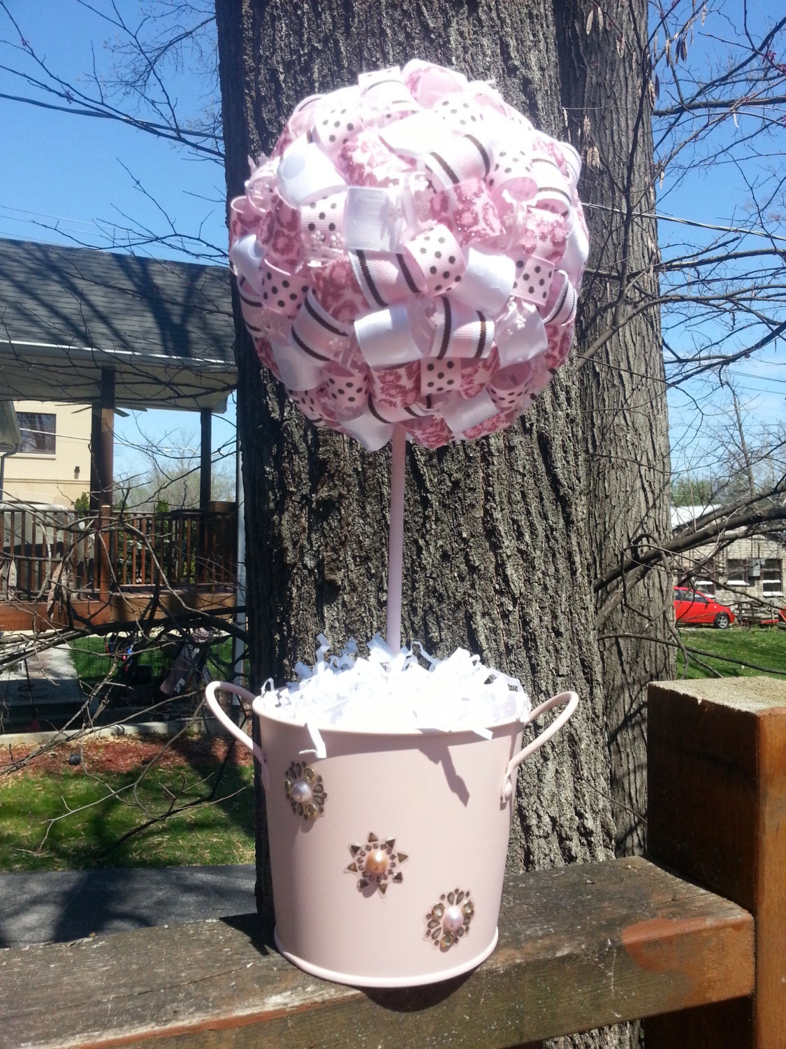 It's A Girl Large Ribbon Topiary For Baby Shower Centerpiece/Decoration/Gift/Pink/Brown/Glitter/Pearl and Metal Embellisments